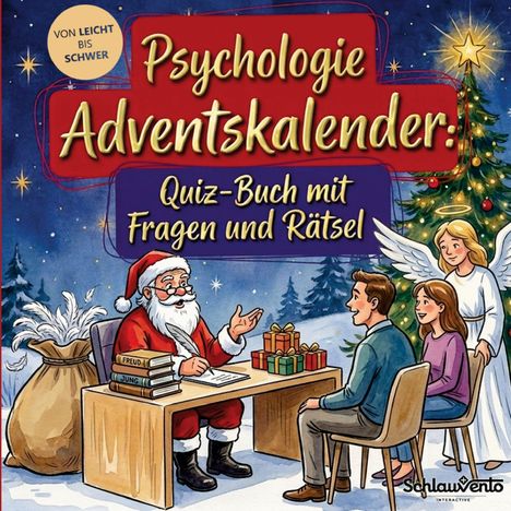 "Psychologie Adventskalender: Quiz-Buch mit Fragen und Rätsel." Ein Weihnachtsmann mit Büchern sitzt am Tisch, mit Menschen.
