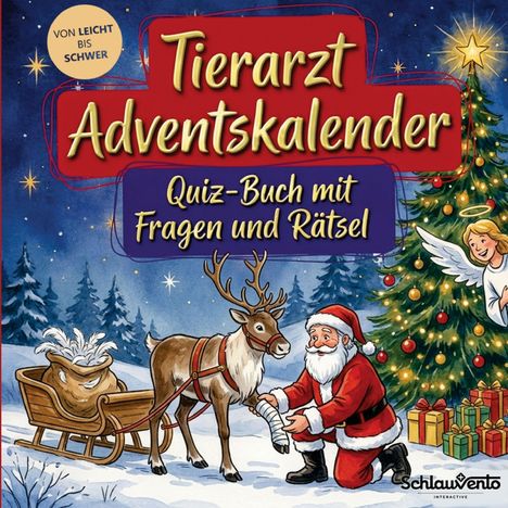 „Tierarzt Adventskalender - Quiz-Buch mit Fragen und Rätsel“. Weihnachtsmann verbindet Rentierbein, Baum und Engel.