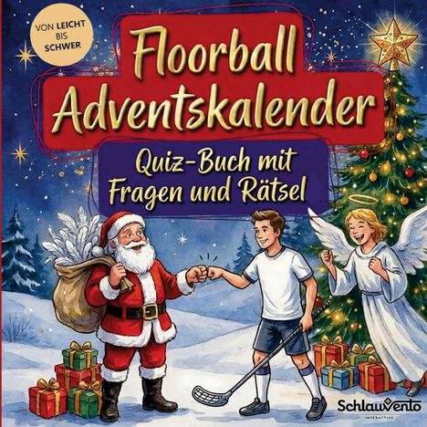 Text: „Floorball Adventskalender. Quiz-Buch mit Fragen und Rätsel. Von leicht bis schwer.“

Illustration: Santa und ein Junge mit Floorball-Schläger geben sich die Faust, ein Engel klatscht.