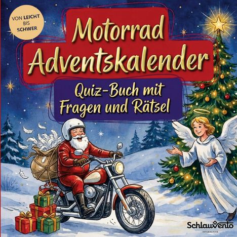 Text: "Motorrad Adventskalender. Quiz-Buch mit Fragen und Rätsel." Illustration: Weihnachtsmann auf Motorrad, Engel, Tannenbaum.