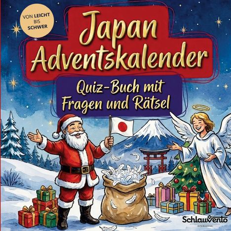 "Japan Adventskalender: Quiz-Buch mit Fragen und Rätsel. Von leicht bis schwer." Ein Weihnachtsmann mit Geschenken in winterlicher Landschaft.