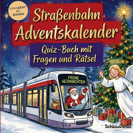 „Straßenbahn Adventskalender: Quiz-Buch mit Fragen und Rätsel“. Illustration einer Bahn mit Weihnachtsmann und Engel.