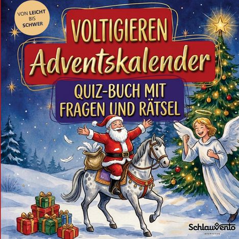 "Voltigieren Adventskalender, Quiz-Buch mit Fragen und Rätsel. Von leicht bis schwer." Illustration: Weihnachtsmann auf Pferd.