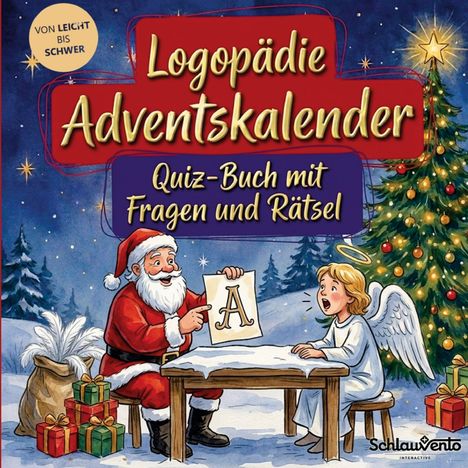 „Logopädie Adventskalender: Quiz-Buch mit Fragen und Rätsel.“ Ein Weihnachtsmann zeigt einem Engel ein „A“.