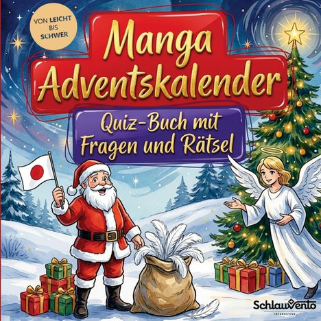 „Manga Adventskalender: Quiz-Buch mit Fragen und Rätsel“. Santa mit japanischer Flagge, Engel, Tannenbaum und Geschenke.