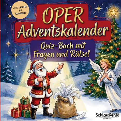 "OPER Adventskalender. Quiz-Buch mit Fragen und Rätsel. Von leicht bis schwer." Illustration mit Weihnachtsmann, Engel und Baum.