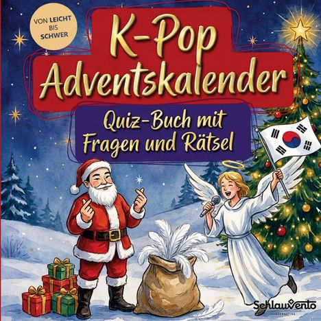 Text: "K-Pop Adventskalender. Quiz-Buch mit Fragen und Rätsel." Santa, Engel und Geschenke im Schnee, Hintergrund: Tannenbaum.
