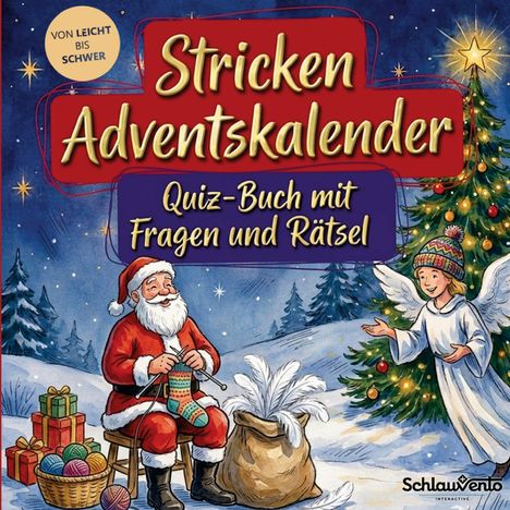 Text: "Stricken Adventskalender. Quiz-Buch mit Fragen und Rätsel. Von leicht bis schwer." Illustration von Weihnachtsmann beim Stricken.
