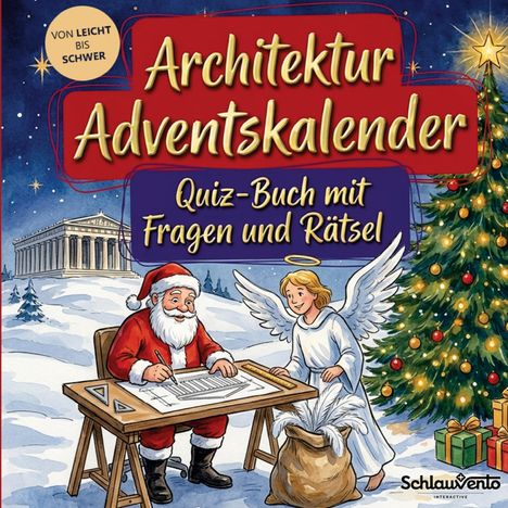 "Architektur Adventskalender: Quiz-Buch mit Fragen und Rätsel. Illustration: Weihnachtsmann zeichnet mit Engel."