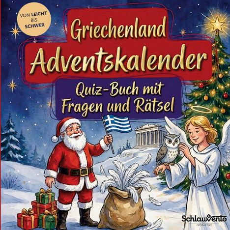 Griechenland-Adventskalender, Quiz-Buch mit Fragen und Rätsel. Santa und Engel mit Eule vor griechischem Tempel.