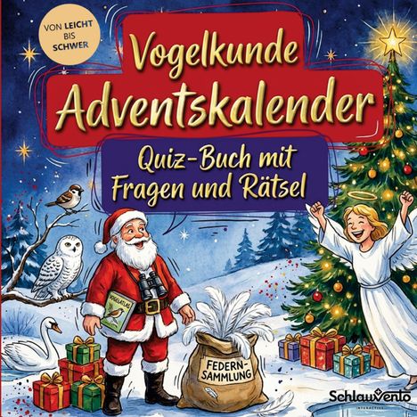 "Vogelkunde Adventskalender", "Quiz-Buch mit Fragen und Rätsel". Santa, Engel, Vögel, Geschenke, Weihnachtsbaum.