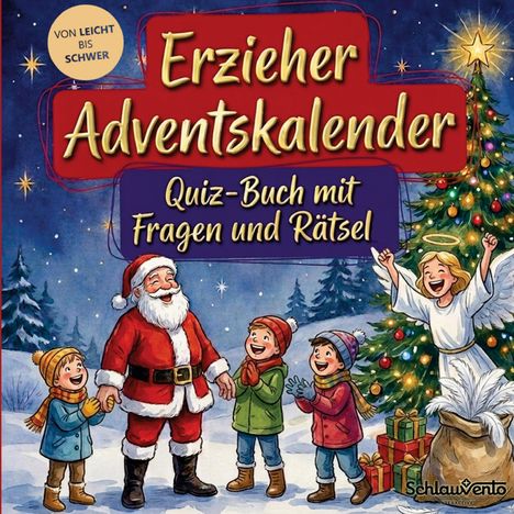 „Erzieher Adventskalender“, „Quiz-Buch mit Fragen und Rätsel“. Illustration: fröhlicher Weihnachtsmann mit Kindern vor einem Baum.
