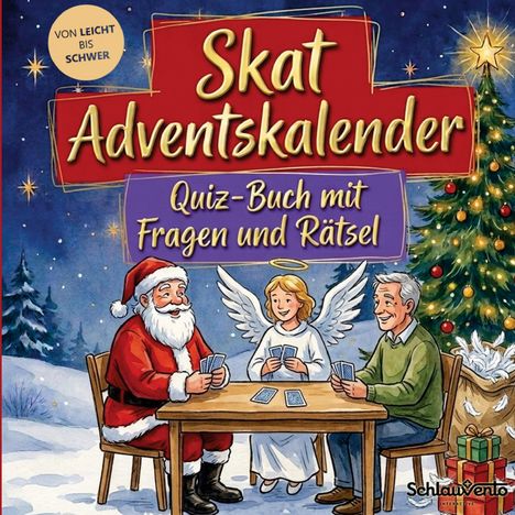 "Skat Adventskalender. Quiz-Buch mit Fragen und Rätsel. Illustration: Weihnachtsmann, Engel und Mann spielen Karten."