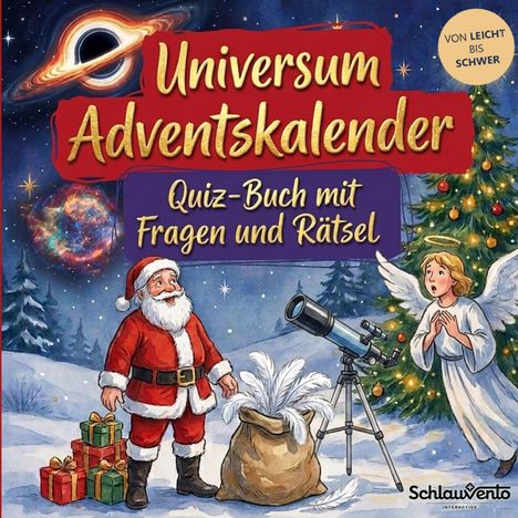 "Universum Adventskalender: Quiz-Buch mit Fragen und Rätsel, von leicht bis schwer." Weihnachtsmann, Engel, Teleskop.