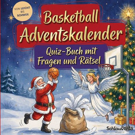Text: "Basketball Adventskalender", "Quiz-Buch mit Fragen und Rätsel", "Von leicht bis schwer". Weihnachtsmann wirft Korb.