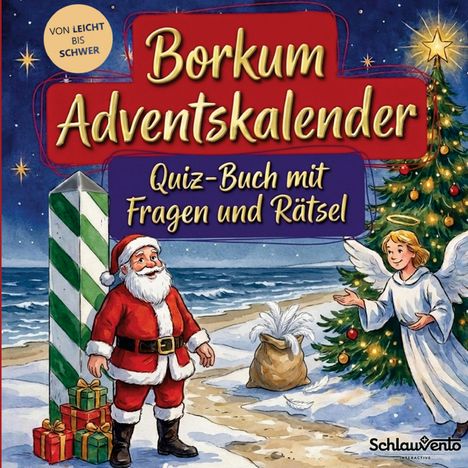 „Borkum Adventskalender: Quiz-Buch mit Fragen und Rätsel“. Illustration mit Weihnachtsmann und Engel am Strand.