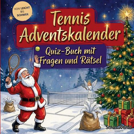 „Tennis Adventskalender, Quiz-Buch mit Fragen und Rätsel“. Illustration: Weihnachtsmann spielt Tennis vor Christbaum.