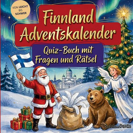 "Finnland Adventskalender. Quiz-Buch mit Fragen und Rätsel. Illustration: Weihnachtsmann, Engel, Bär, Baum, Geschenke."