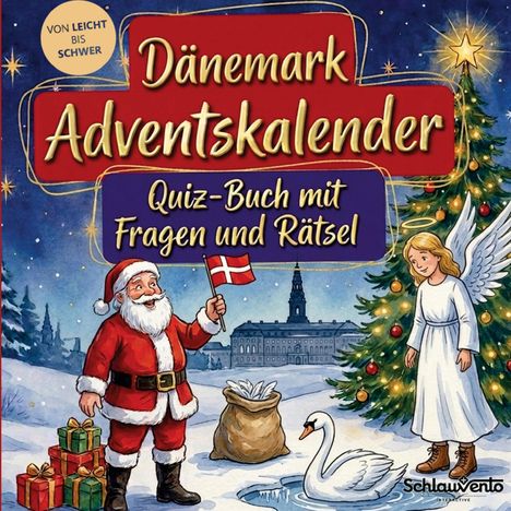"Dänemark Adventskalender: Quiz-Buch mit Fragen und Rätsel." Illustration mit Weihnachtsmann, Engel und Geschenken.