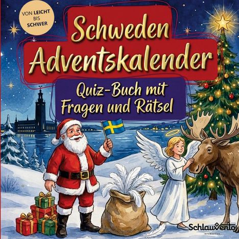 "Schweden Adventskalender. Quiz-Buch mit Fragen und Rätsel. Von leicht bis schwer." Weihnachtsmann, Engel, Elch.