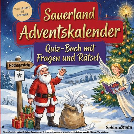 "Sauerland Adventskalender. Quiz-Buch mit Fragen und Rätsel." Weihnachtslandschaft mit Nikolaus und Engel.