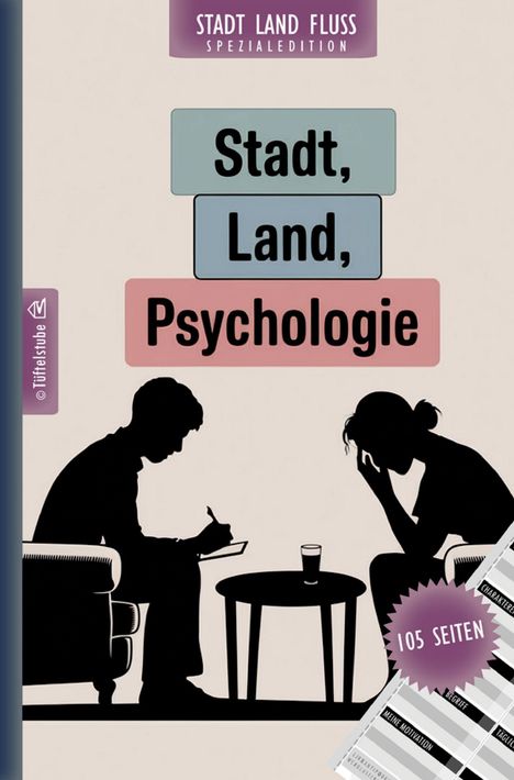 "Stadt, Land, Psychologie", 105 Seiten, zwei Personen im Gespräch, eine schreibt, die andere wirkt nachdenklich.