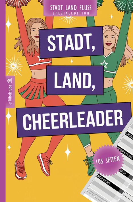 "Stadt Land Fluss Spezialedition: Stadt, Land, Cheerleader. 105 Seiten." Zwei Cheerleader in Rot und Grün mit Pompons.