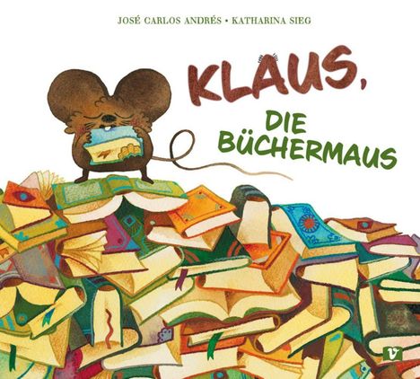 Titel: "Klaus, die Büchermause". Illustration einer Maus auf einem bunten Bücherstapel.