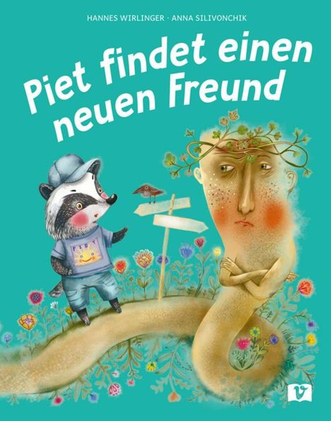 „Piet findet einen neuen Freund“; Dachs in Kleidung, großer Wurm mit Gesicht und Pflanzenkrone, bunte Blumen.