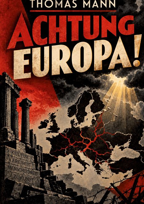 Text: "THOMAS MANN - ACHTUNG EUROPA! - KULTUR, FREIHEIT, MENSCHLICHKEIT, ZUKUNFT". Illustration: Europa-Karte mit Rissen.