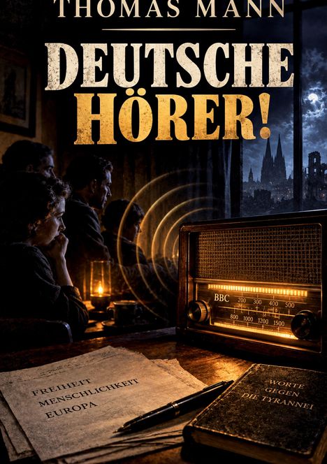 „DEUTSCHE HÖRER!“ darüber „THOMAS MANN“. Ein altes Radio zeigt „BBC“. Menschen lauschen, draußen Ruinen und Mond. Dokument: „FREIHEIT MENSCHLICHKEIT EUROPA“. Buch: „WORTE GEGEN DIE TYRANNEI“.