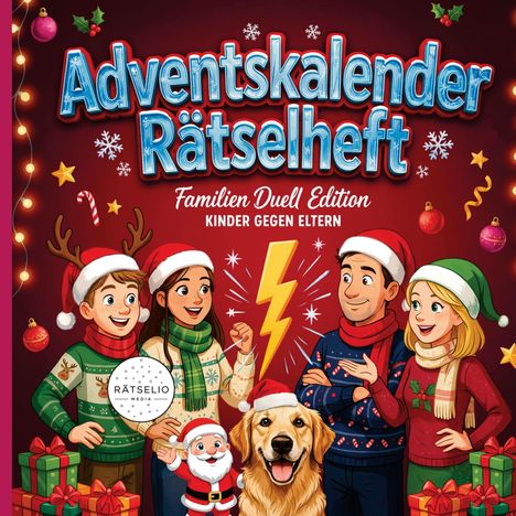"Adventskalender Rätselheft. Familien Duel Edition. Kinder gegen Eltern." Illustration mit lachenden Menschen und Hund. Weihnachtliche Dekorationen.