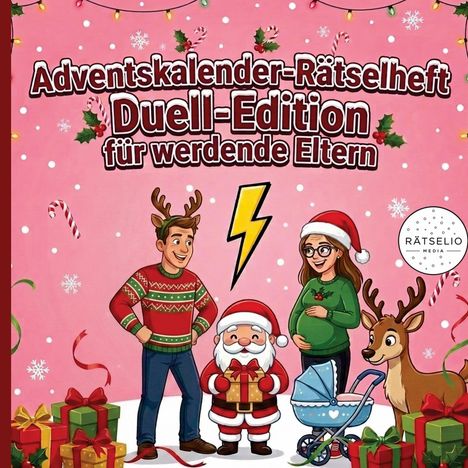 „Adventskalender-Rätselheft Duell-Edition für werdende Eltern“ vor weihnachtlicher Illustration mit Paar, Babywagen und Rentier.
