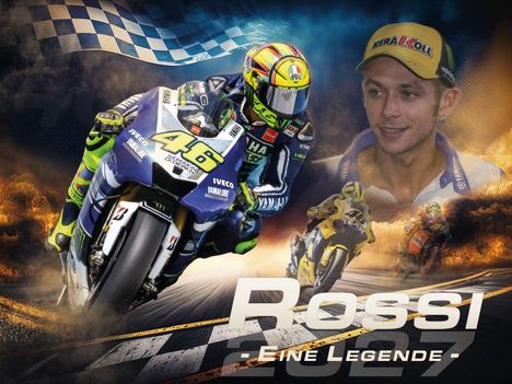 "Rossi - Eine Legende". Ein Motorradfahrer in Aktion, ein Fahrerporträt und Streckenbilder, mit Rennflaggen im Hintergrund.