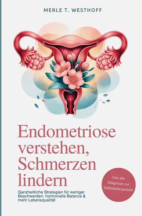 "Endometriose verstehen, Schmerzen lindern". Illustration einer Gebärmutter mit Blumen.