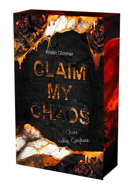 "CLAIM MY CHAOS" und "Kristin Glimmer" stehen auf einem dunklen Hintergrund mit orangefarbenen Flammen und Rosen.