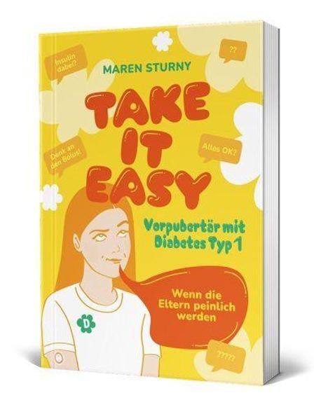 "TAKE IT EASY: Vorpubertär mit Diabetes Typ 1. Wenn die Eltern peinlich werden." Illustration mit nachdenklichem Mädchen.