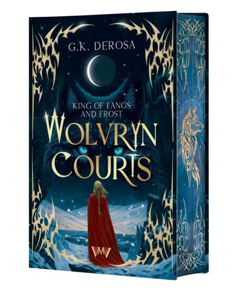 Text: "G.K. DeRosa, King of Fangs and Frost, Wolvryn Courts." 

Ein Umhang tragende Figur vor einem großen Wolf und Mond.