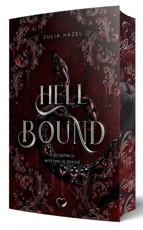 "Hell Bound: a prophecy written in blood." Dunkles, dekoratives Design mit einer Schlange und roten Ornamenten.