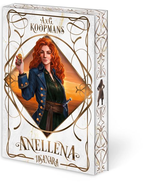 Buchtitel: "Anellena - Jasanara". Autor: "A.V.G. Koopmans". Illustriertes Cover mit einer Frau, die eine Münze hält.