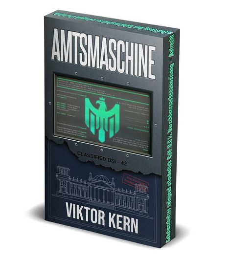 "AMTSMASCHINE" oben, "VIKTOR KERN" unten. Zeichnung eines historischen Gebäudes, digitaler Code und Logo in der Mitte.