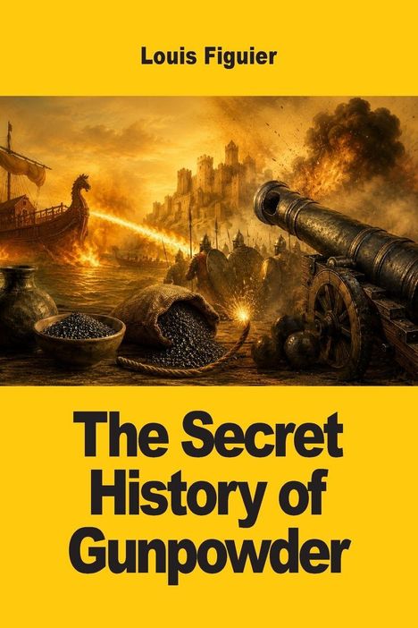 Titel: "The Secret History of Gunpowder". Name: Louis Figuier. Kanonenfeuer, Krieger, Burg, Schiff im Hintergrund.