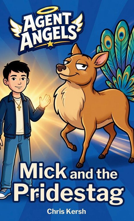 "Agent Angels" oben, "Mick and the Pridestag" unten. Ein Junge und ein Hirsch mit Pfauenfedern. Illustration mit blauem Hintergrund.