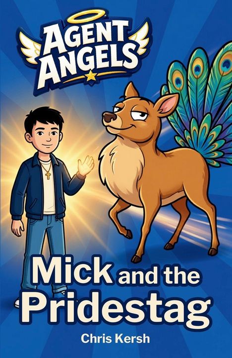 "Agent Angels", "Mick and the Pridestag", "Chris Kersh". Illustration: Junge mit Kreuzkette, Tier mit Hirschkörper, Pfauenfedern.