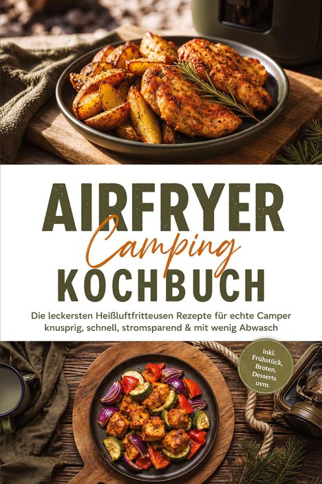 "Airfryer Camping Kochbuch" steht groß. Darunter Gerichte wie Hähnchen mit Kartoffeln und Gemüsepfannen auf Holztischen.