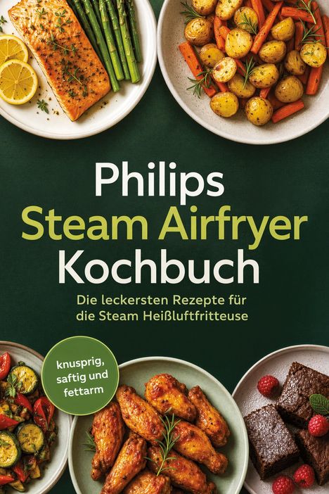 „Philips Steam Airfryer Kochbuch“. Teller mit Lachs, Spargel, Kartoffeln, Gemüse, Hähnchenflügeln, Brownies.