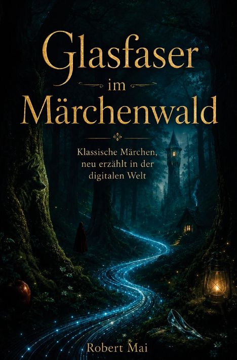 „Glasfaser im Märchenwald“, „Klassische Märchen, neu erzählt in der digitalen Welt“ von Robert Mai. Wald mit leuchtendem Pfad.