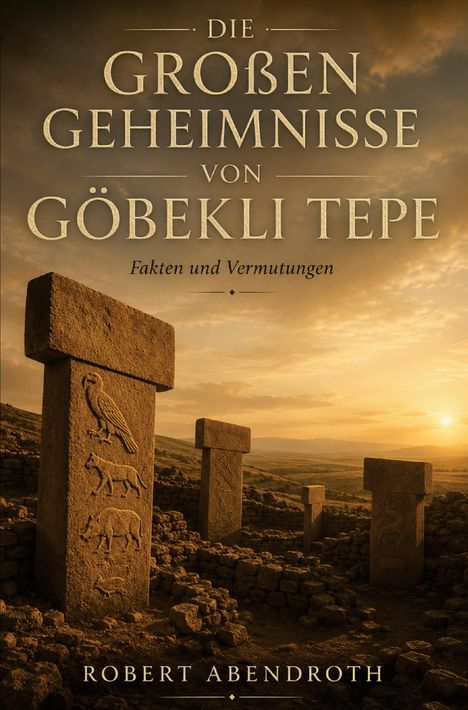 Die großen Geheimnisse von Göbekli Tepe. Fakten und Vermutungen. Steinblöcke mit Tierreliefs im Sonnenuntergang.