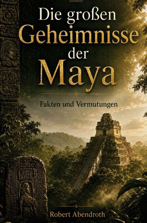 Text: "Die großen Geheimnisse der Maya", "Fakten und Vermutungen", "Robert Abendroth". Eine Maya-Pyramide im Dschungel.