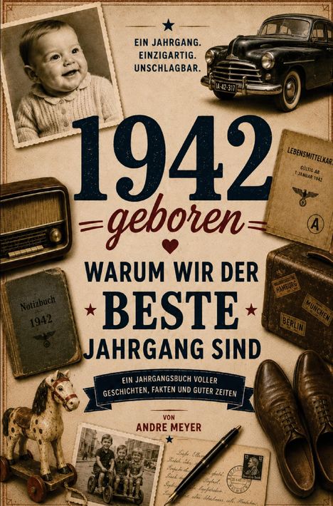 Ein Fotoalbum-Cover mit der Aufschrift: "1942 geboren. Warum wir der beste Jahrgang sind." Verschiedene Vintage-Objekte.